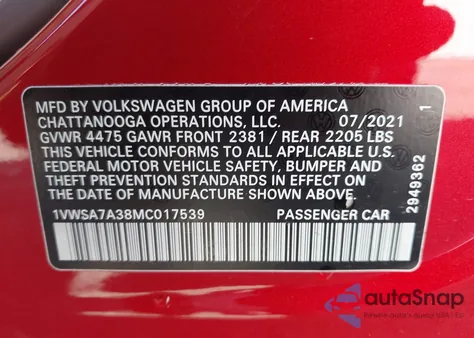 2021 Volkswagen Passat 2.0T Se z USA, uszkodzony, nr VIN 1VWSA7A38MC017539